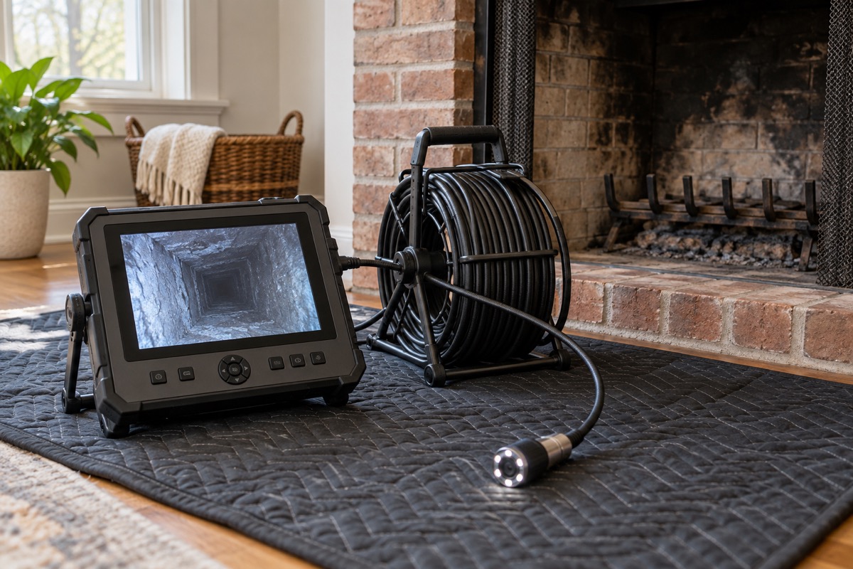 Chimney inspection camera and monitor beside an unlit fireplace