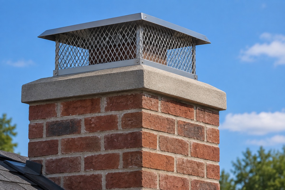 Brick chimney with a concrete crown and stainless steel rain cap